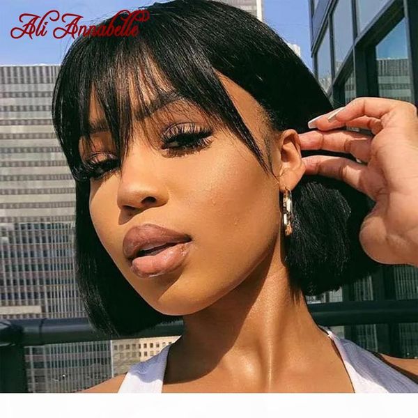 

ali annabelle bob wig with bangs human hair wigs 4x4 straight lace closure wig 180 density short bob straight human hair wigs, Black;brown
