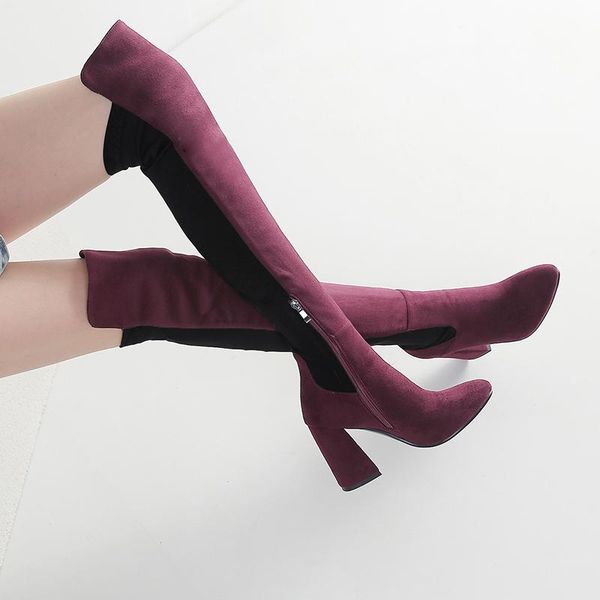 

boots hoof high heels over the knee women mixed colors suede leather ladies wedding party shoes large size 43, Black