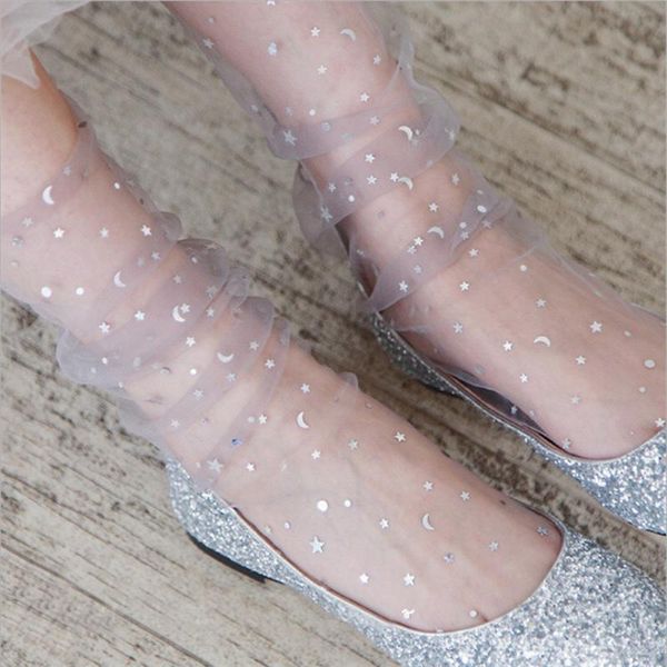 

socks & hosiery spring summer women fashion glitter clear design star moon sequins sock pink lace creative thin short, Black;white