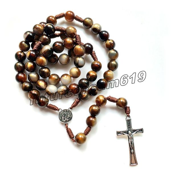 Collana vintage con rosario in acrilico marrone, pendente con Gesù cattolico, con croce, corda, tessuto, collana religiosa