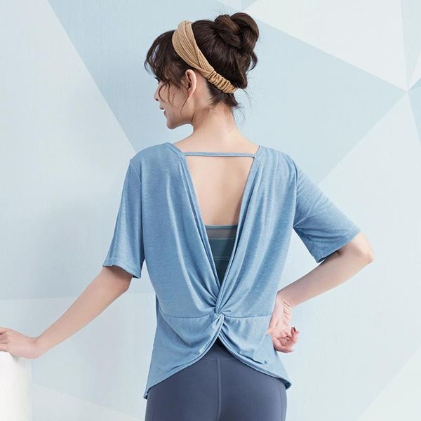 

yoga outfits womens v-neck shirts backless quick dry running t-shirts short sleeve workout gym tees loose fitness sports 1, White;red