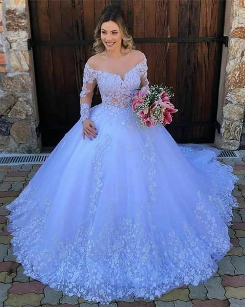 

2021 new white illusion neck princess ball gown lace appliques long sleeves wedding gowns plus size robe de mariee h8y6