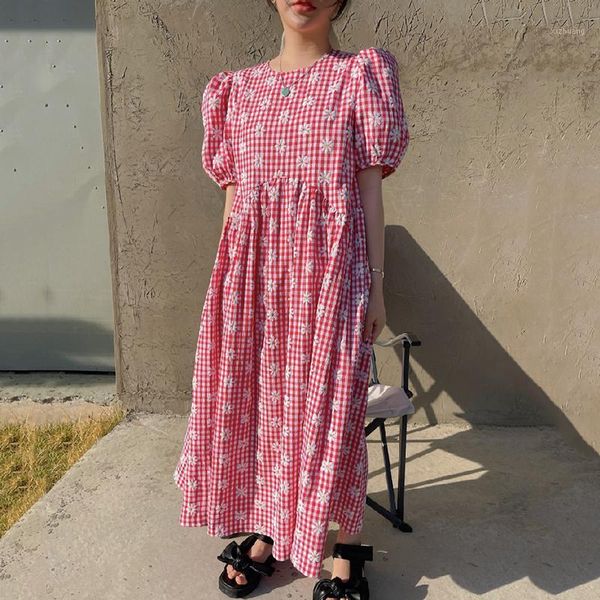 

casual dresses [ewq] korea chic fashion o neck robe plaid printed puff sleeve all match blue midi dress women summer 2021 16w1506, Black;gray