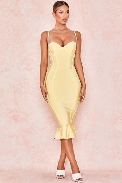 Robe d'été Vestidos Femmes Sexy Jaune Bandage Designer Genou Longueur Fishtail Night Club Celebrity Party 210527