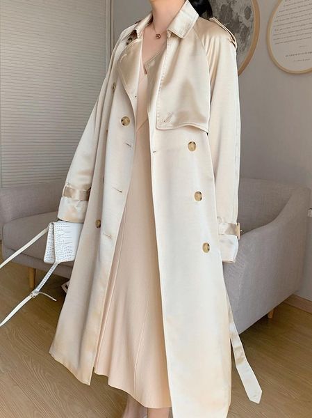 

women's trench coats satin draped temperament windbreaker jacket, Tan;black