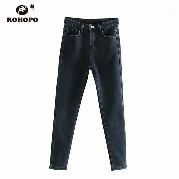 

rohopo winter thickness fleece linner ladies solid pencil jeans full length back welted pockets vintage blue ladies jeans #94701