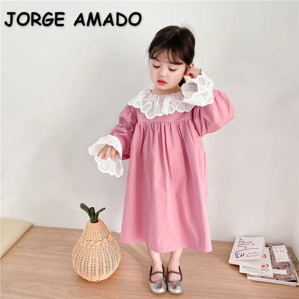 

korean style spring girls dresses lace peter pan collar puff princess girl clothes e9035 210610, Red;yellow