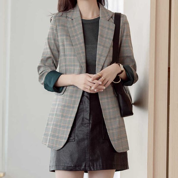 

plaid small suit jacket women mid-length high-quality korean style slim fashion casual blazer office coat temperament 210527, White;black