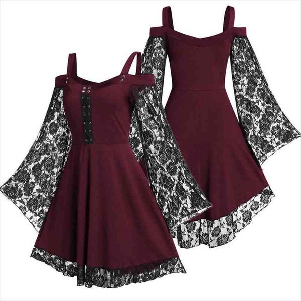 

women a-line dresses vintage grunge lace goth dark gothic patchwork flared sleeve waist tight bandage punk halloween partywear, Black;gray