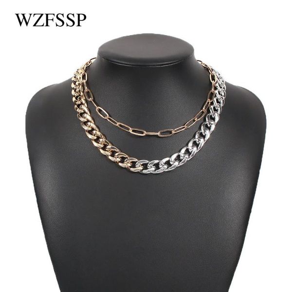 

wzfssp 2 pieces alloy trendy chokers set simple punk chain necklace for women 2021 jewelry gift, Golden;silver
