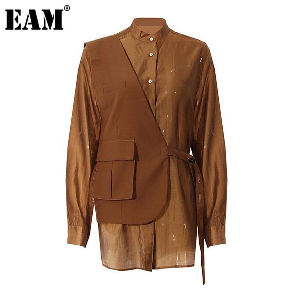 

eam] women irregular bandage big size blouse new stand collar long sleeve loose fit shirt fashion spring autumn 2021 1dd2263, White
