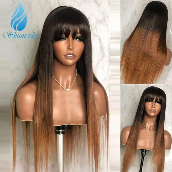 

lace wigs shumeida ombre blonde color full machine brazilian remy human hair long straight with bangs for black women, Black;brown