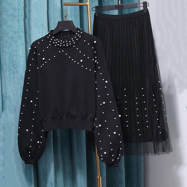 

2021 women new autumn fashion beading 2 piece sets female o neck knitted pullovers sweaters +mesh pleated midi skirts suits n27472a7, Black;gray