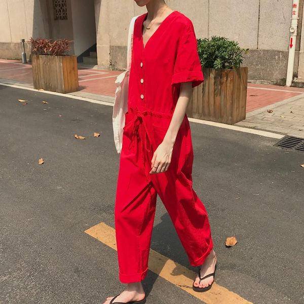 

women's jumpsuits & rompers womens summer handsome v neck shirt jumpsuit drawstring playsuits pockets casual loose plus size combinaiso, Black;white