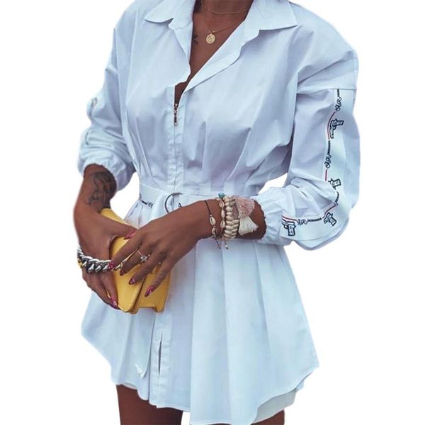 

casual dresses women lantern sleeve shirts dress summer zipper v neck letter printed pleated mini elegant ol office ladies vestidos, Black;gray