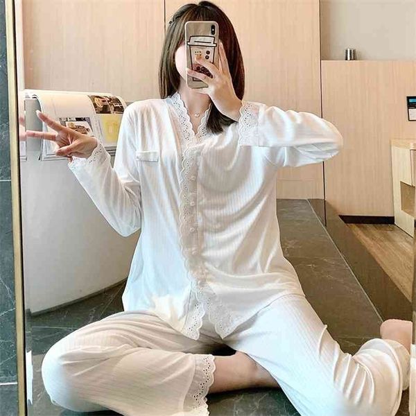 Yaz Sonbahar Ince Pamuk Annelik Hemşirelik Pijama Besleme Pijama Giysileri Hamile Kadınlar için Gebelik Uyku Lounge Set 210918