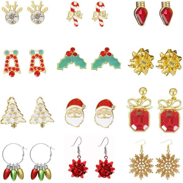 

stud 12pairs christmas earrings set for women girls tree snowflake candy snowman penguin cute gift, Golden;silver