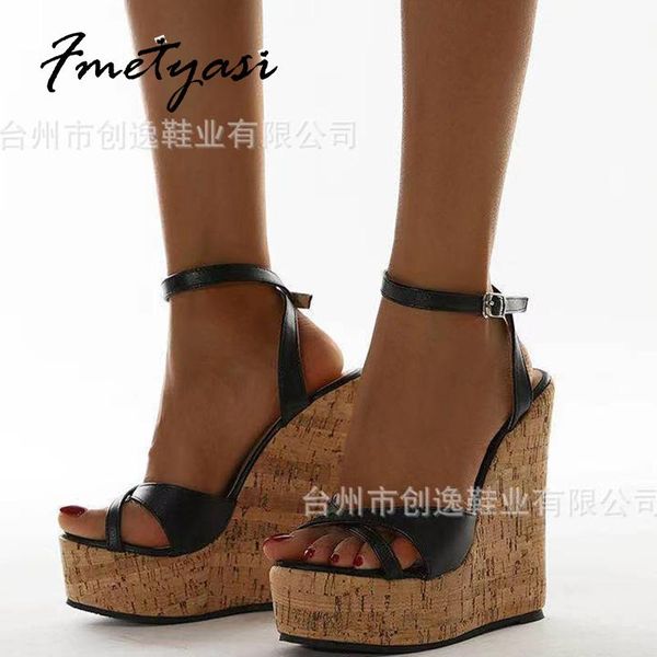 

sandals high-heeled women 2021 summer platform classic wood grain sturdy sole peep toe wedge heel for woman ankle strap roman, Black