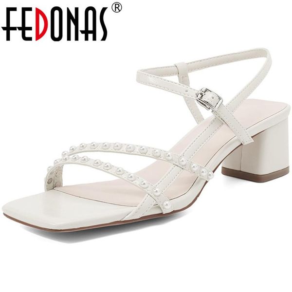 

sandals fedonas sweet lace up for women pearl decoration metal buckle genuine leather shoes woman heels summer party pumps, Black