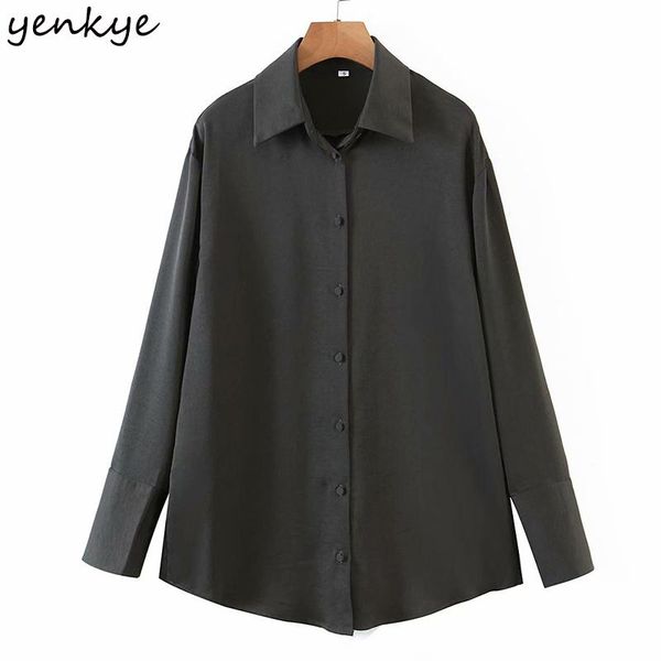 

women's blouses & shirts yenkye vintage solid color satin blouse shirt women long sleeve lapel collar streetwear ladies plus size sprin, White