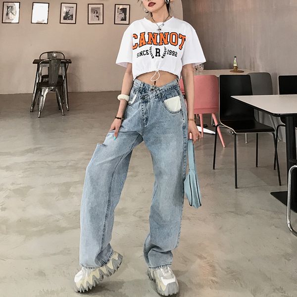 

female jeans retro straight hole jean fashionable loose vintage street in bf completely washed denim leisure rtp1, Blue