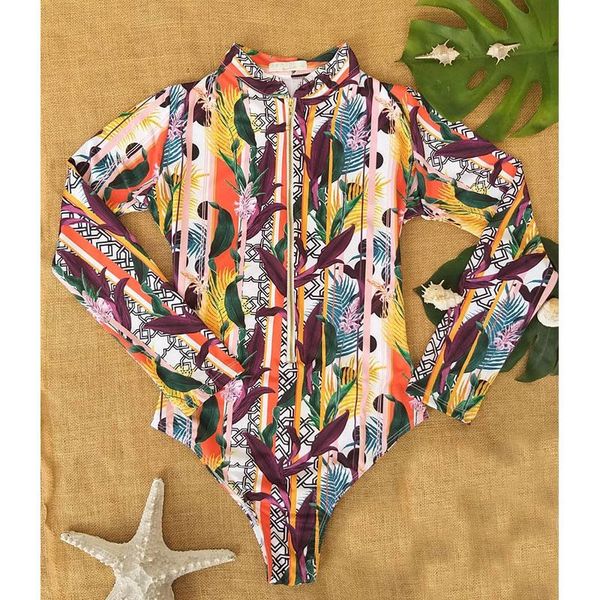 

zrtak long sleeve swimsuits women swimming suits 2021 zipper swimwear female surfing one-piece suits leaf print monokini xl