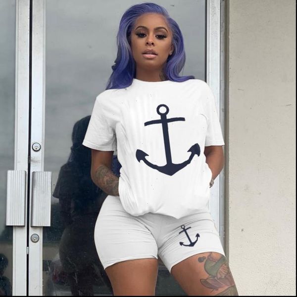 

2 piece set tracksuit women boat anchor print two piece set and shorts femme clothes elastic waist shorts set lounge wear, Gray