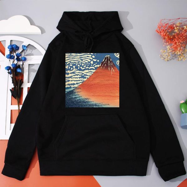 

men's hoodies & sweatshirts volcano mount fuji pattern autumn winter warm hoody for men street punk mens hooded harajuku landscape man, Black