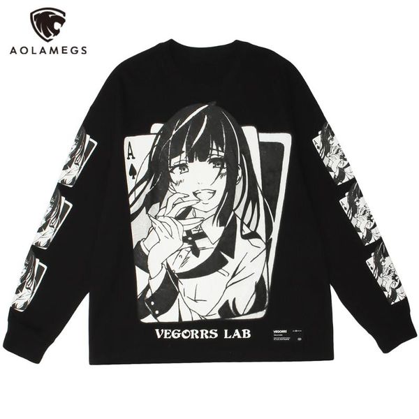 

men's hoodies & sweatshirts aolamegs men poker anime girl print oversized sweatshirt streetwear couple fashion japanese harajuku high s, Black