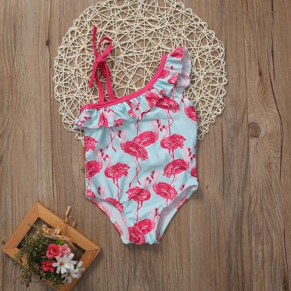 

kid baby girl 2021 summer ruffled neck sling flamingo bikini swimwear swimsuit bathing beach one-piece costume, Black