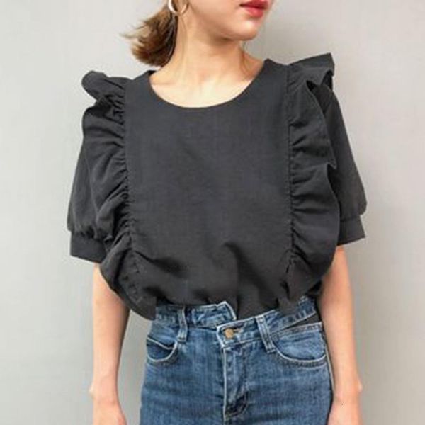 

woman short sleeve solid ruffle blouse korean japan retro round collar solid slim elegant chic vintage casual clothing, White