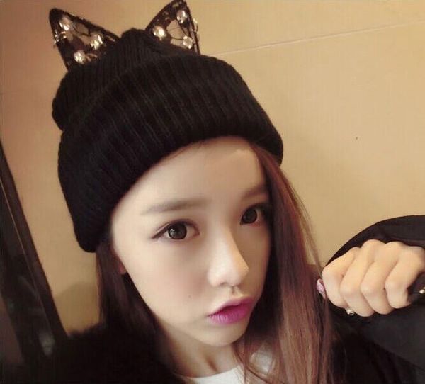

beanie/skull caps winter warm knitted hat cute beanie cap women wool rhinestone devil horn cat ears skullies beanies female thick hats, Blue;gray