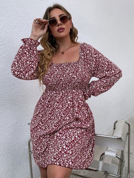 

plus ditsy floral shirred a-line dress v6b3#, Black