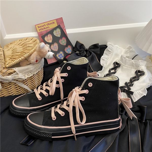 

new 2021 jk girl lolita high bowknot back female canvas black lace up student anime school girls running shoes ziq6