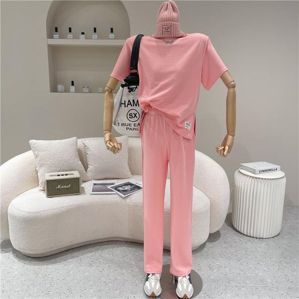 

women's two piece pants set spring summer niche design 2021 fashion loose solid short sleeve t-shirt casual sports suit, White