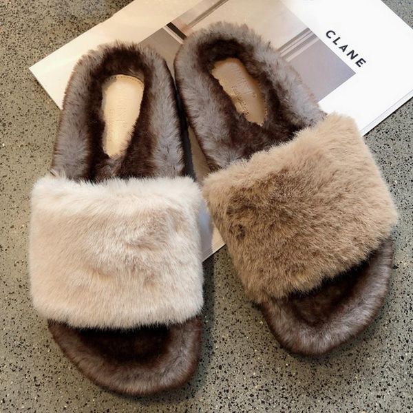 

slippers women furry home cotton shoes female flats short plush casual flip flops fashion ladies house fur, Black