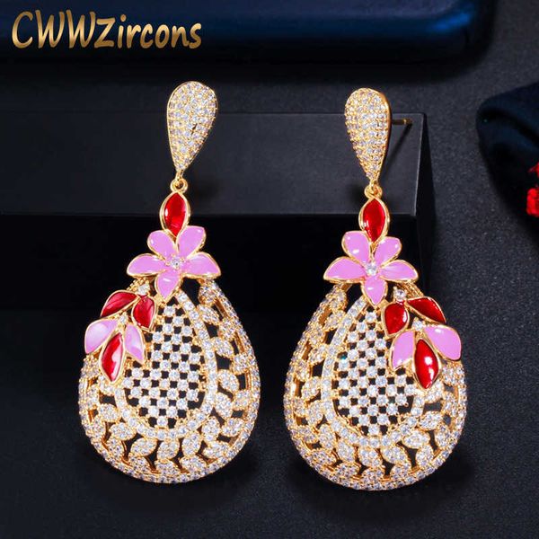 

unique red enamel flower leaf shape dangle drop long cz earrings indian gold color wedding bridal party jewelry cz773 210714, Silver