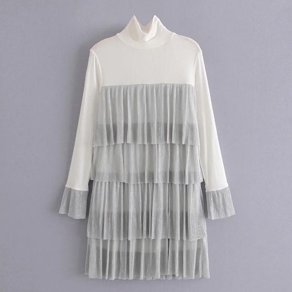 

women cascading ruffle splicing knitting mini dress female turtleneck long sleeve clothes casual lady loose vestido d7017, Black;gray