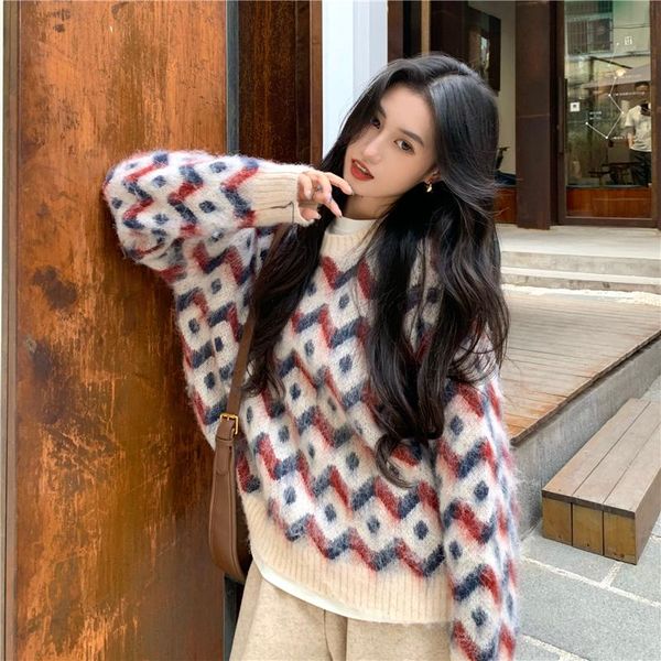 

new winter autumn casual preppy style women acrylic material pullovers korean sweet sleeve o-neck argyle plaid knitting sweaters, White;black
