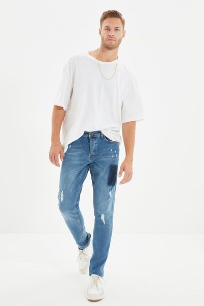 

men's jeans trendyol male slim fit destroylu patchli tmnaw22je0051, Blue