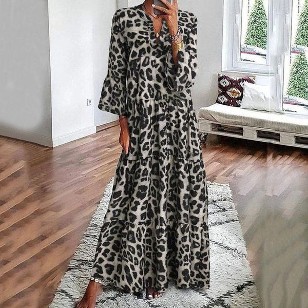 

casual dresses womens long dress v neck leopard print ladies summer half sleeves maxi robe vintage beach party vestidos de mujer, Black;gray