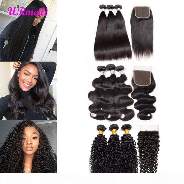 

deep wave bundles with closure 10a grade raw virgin indian unprocessed body wave kinky curly loose wave straight hair bundles with closure, Black;brown