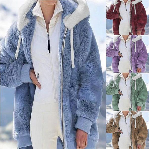 

women's fur & faux 10 colors women thick warm winter coat solid long sleeve fluffy hairy fake jackets outwear female plus size zipper o, Black