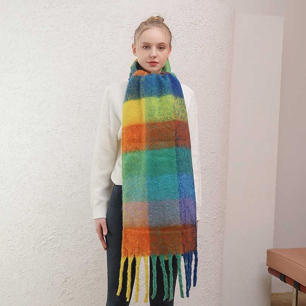 

color plaid women 2021 thickened thick tassel wool imitation cashmere scarf men's winter scarf, Blue;gray