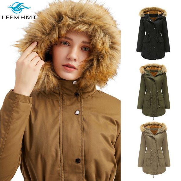 

2021 new women european style long sleeve parka drawstring waist fur collar thick large size casual jackets office lady coats aaly, Black