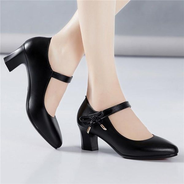 

dress shoes thick-soled waterproof platform shallow high heels autumn single women thick heel belt buckle elegant office lady, Black