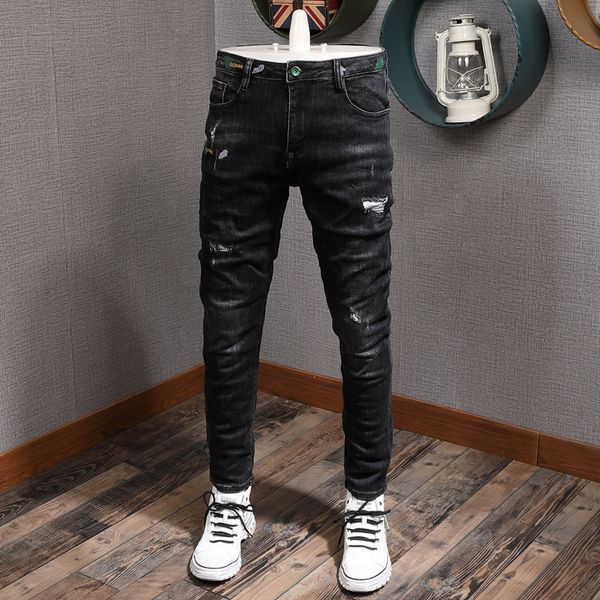 

2021 new fashion streetwear men black elastic slim fit designer ripped jeans korean style hip hop denim pencil pants 1u6t, Blue