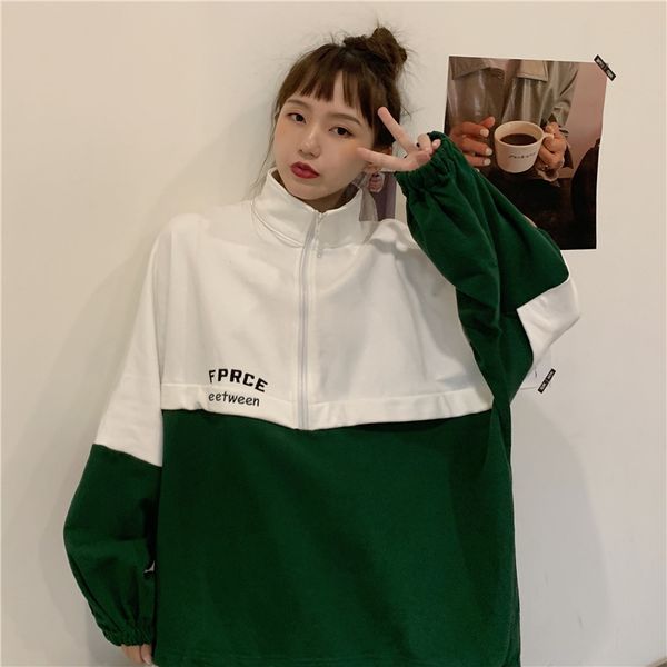 

2021 new loose zipper pullover stitching women's embroidery autumn shoulder sleeves simple fashion sweatshirt 2q0o, Black