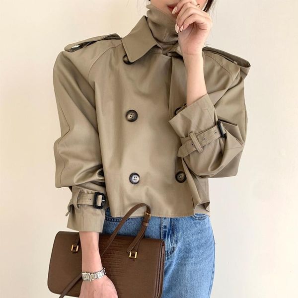 

women's trench coats women coat retro khaki windbreaker double breasted short loose casual autumn 2021, Tan;black