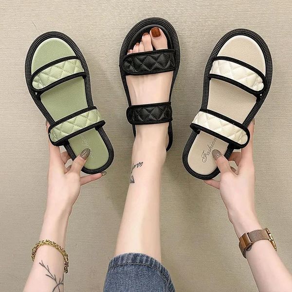 

slippers 2021 summer women's shoes flat-bottomed word belt sandals fashion matching skirt roman beach women, Black